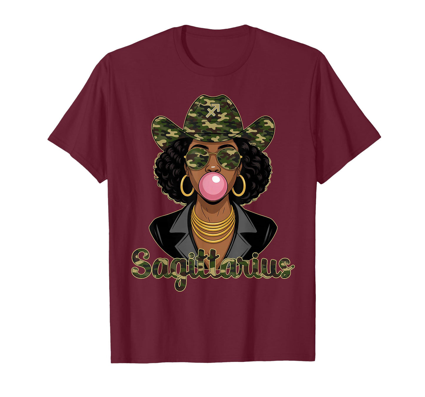 Sagittarius Queen Black Woman Hat Camo Afro Woman Zodiac T-Shirt