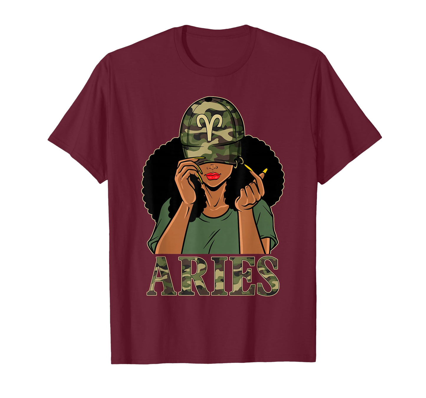 Aries Girl Black Woman With Cap Camo Afro Woman Zodiac T-Shirt