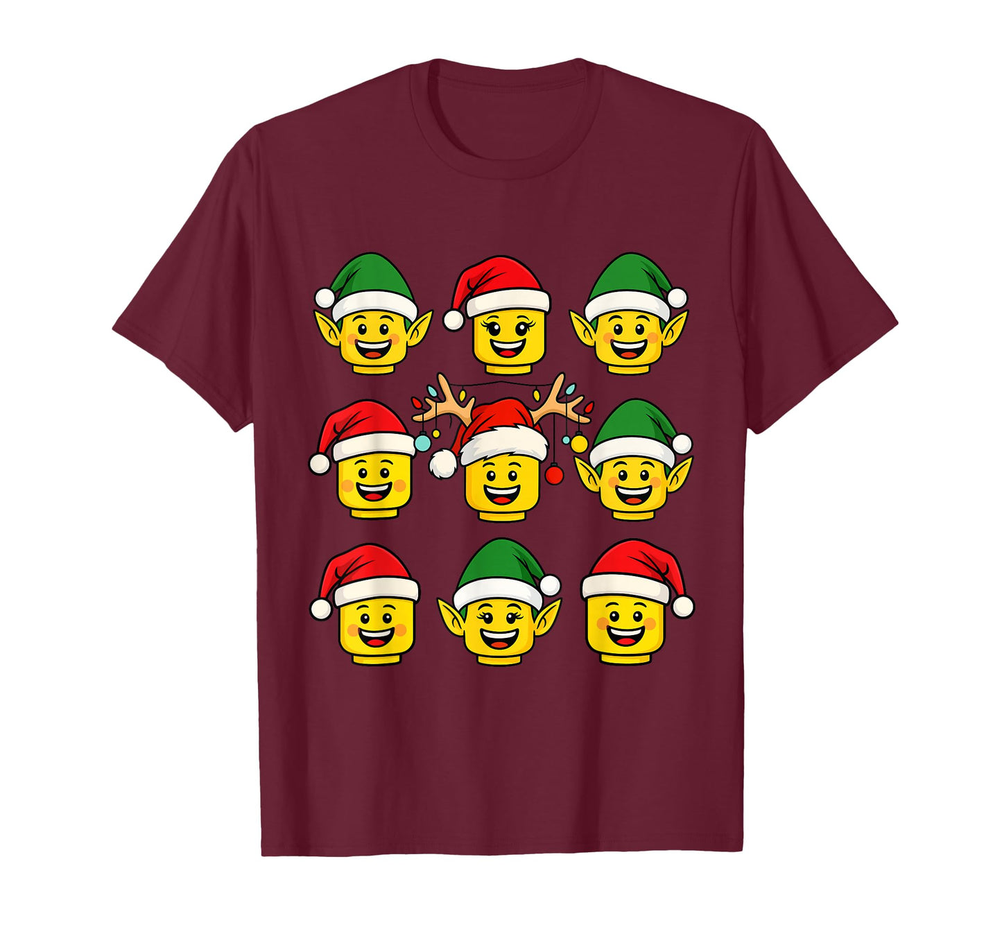 Christmas Building Bricks Santa Elf Reindeer Heads Block T-Shirt