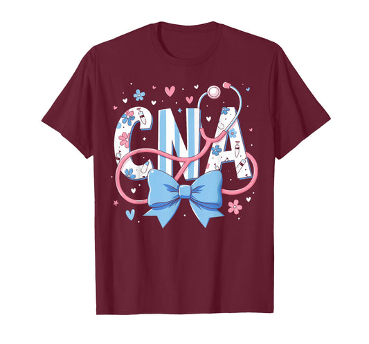 Coquette CNA Nurse Blue Floral Stethoscope Bow Cute Nurse T-Shirt