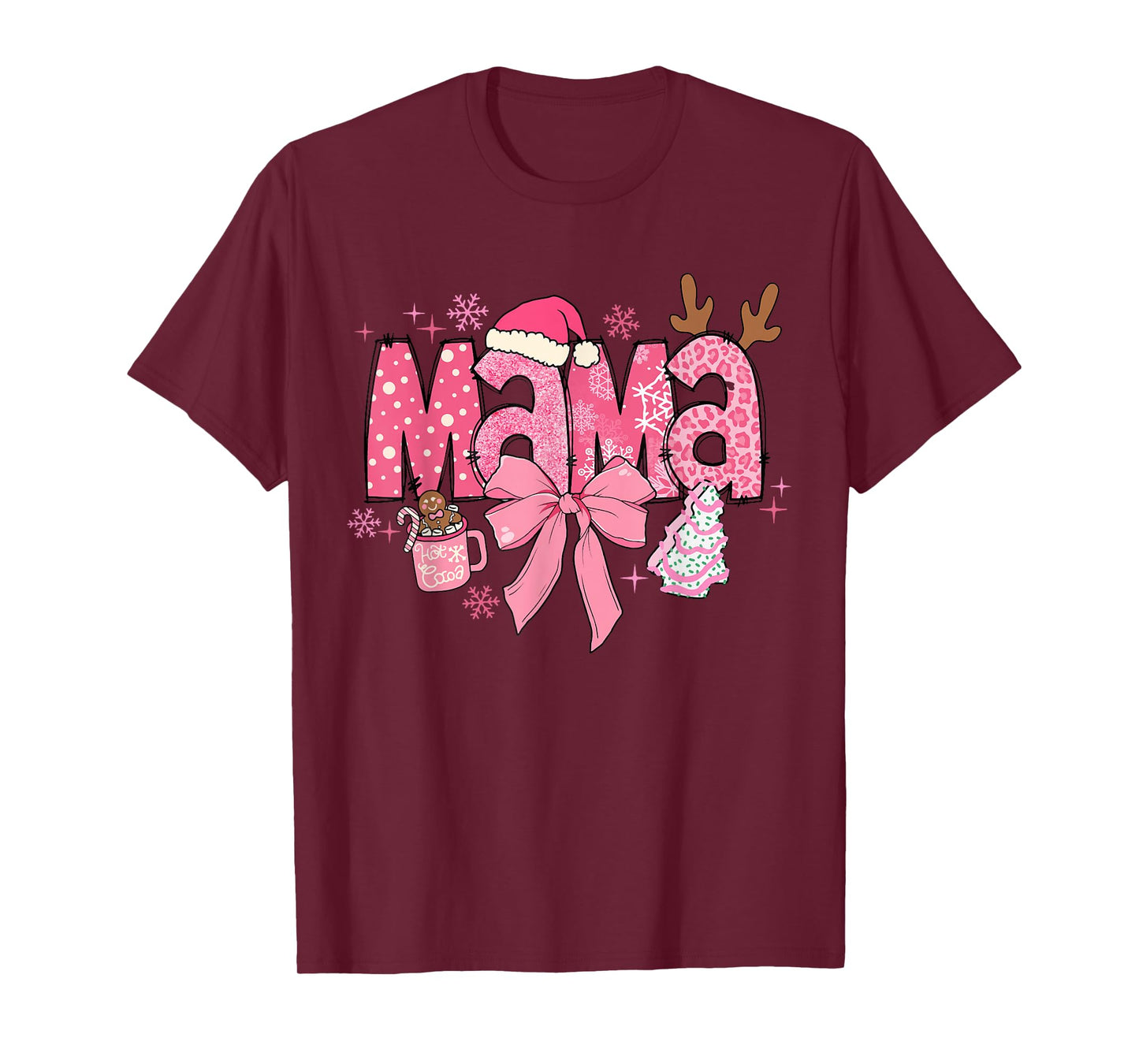 Cute Coquette Bow Pink Mama Christmas Tree Merry Xmas Family T-Shirt