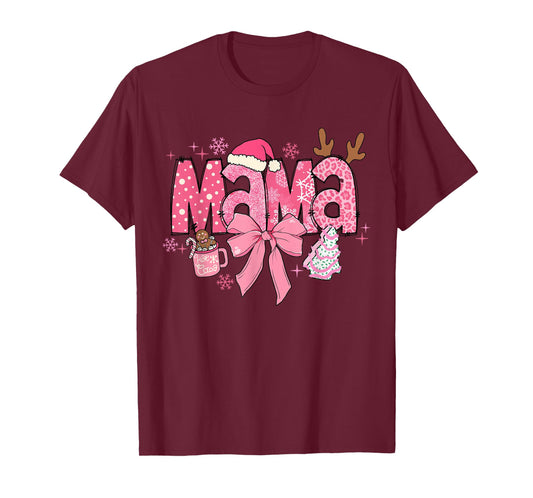 Cute Coquette Bow Pink Mama Christmas Tree Merry Xmas Family T-Shirt