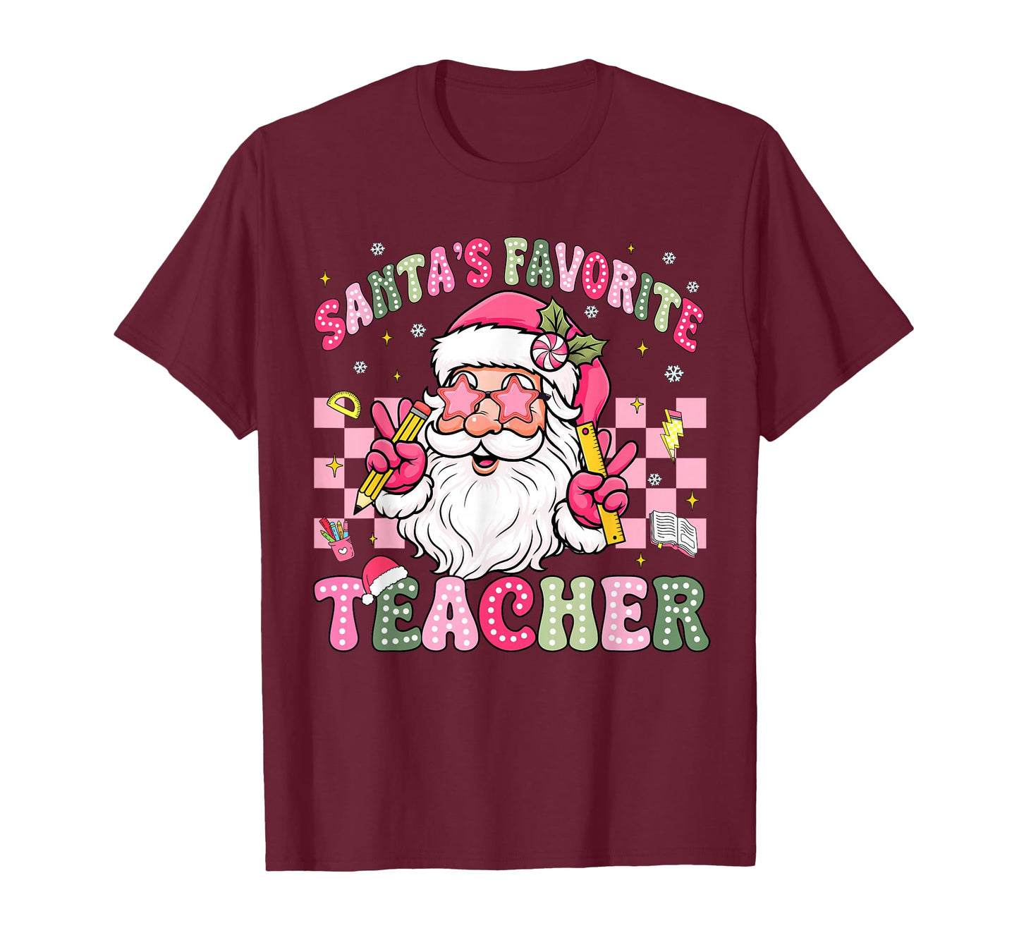 Santa's Favorite Teacher Groovy Christmas Teacher Boys Girls T-Shirt