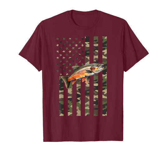 Brook Trout Fishing, Camo American Flag with Brook Trout T-Shirt