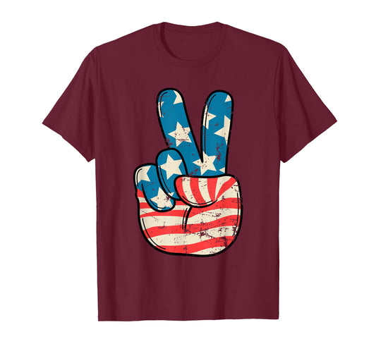 USA Flag Peace Sign Hand 4th of July Patriotic Men Boys T-Shirt
