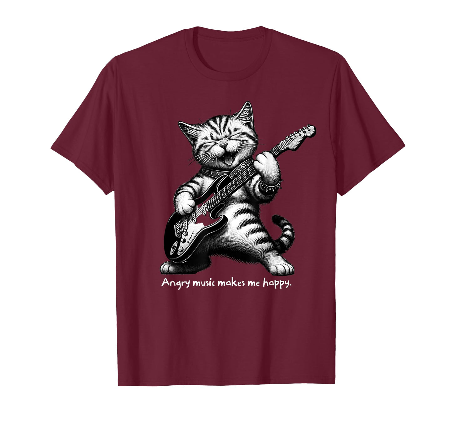 Cat Playing Electric Guitar Angry Music Makes Me Happy T-Shirt for Men Women Girls Kids