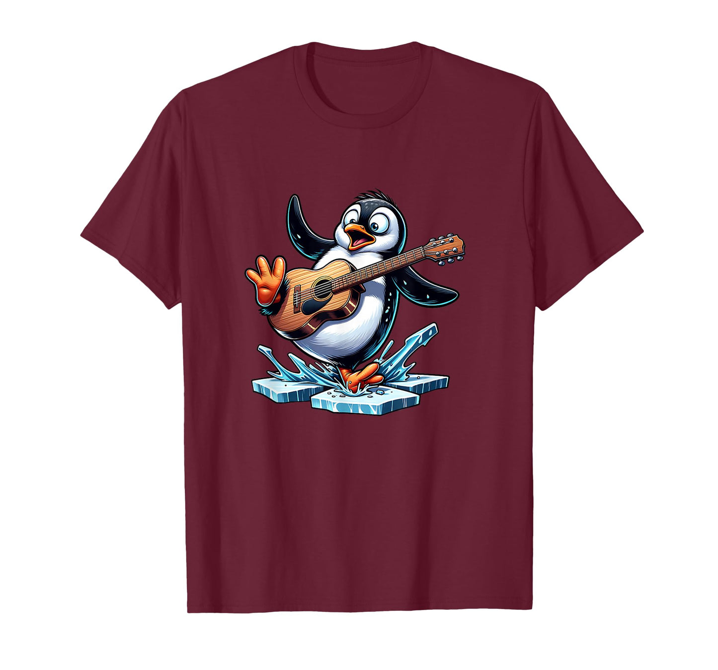 Funny Penguin Playing Guitar On Ice Splash T-Shirt