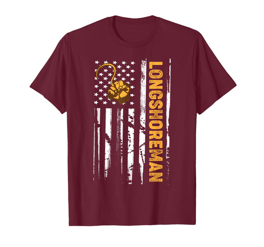 Trendy Coloring Proud Longshoreman USA Flag T-Shirt - Unisex-Adults, Black, Small, Short Sleeve, Regular Fit, Cotton, Patriotic Modern, Christmas