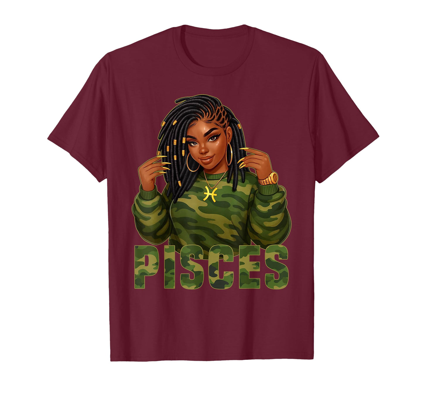 Pisces Queen Loc'd Black Woman Camo Zodiac Sign T-Shirt