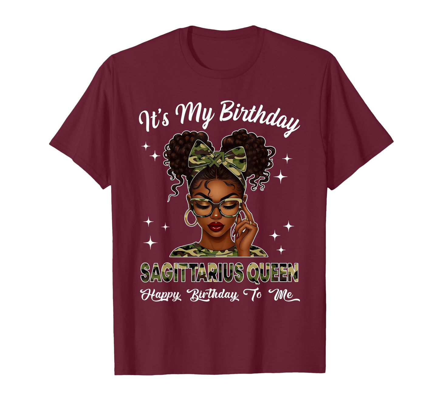 It's My Birthday Sagittarius Queen Camo Bow Afro Black Girl T-Shirt