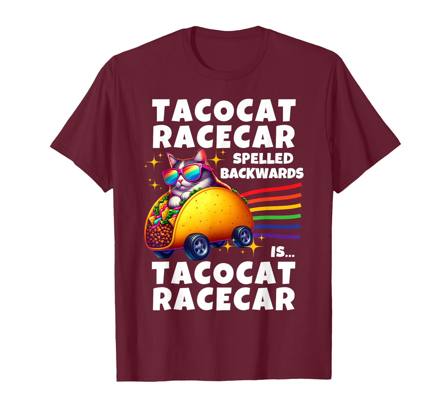 Tacocat Racecar Spelled Backwards Funny Mexican Rainbow Cat T-Shirt for Men Women Kids