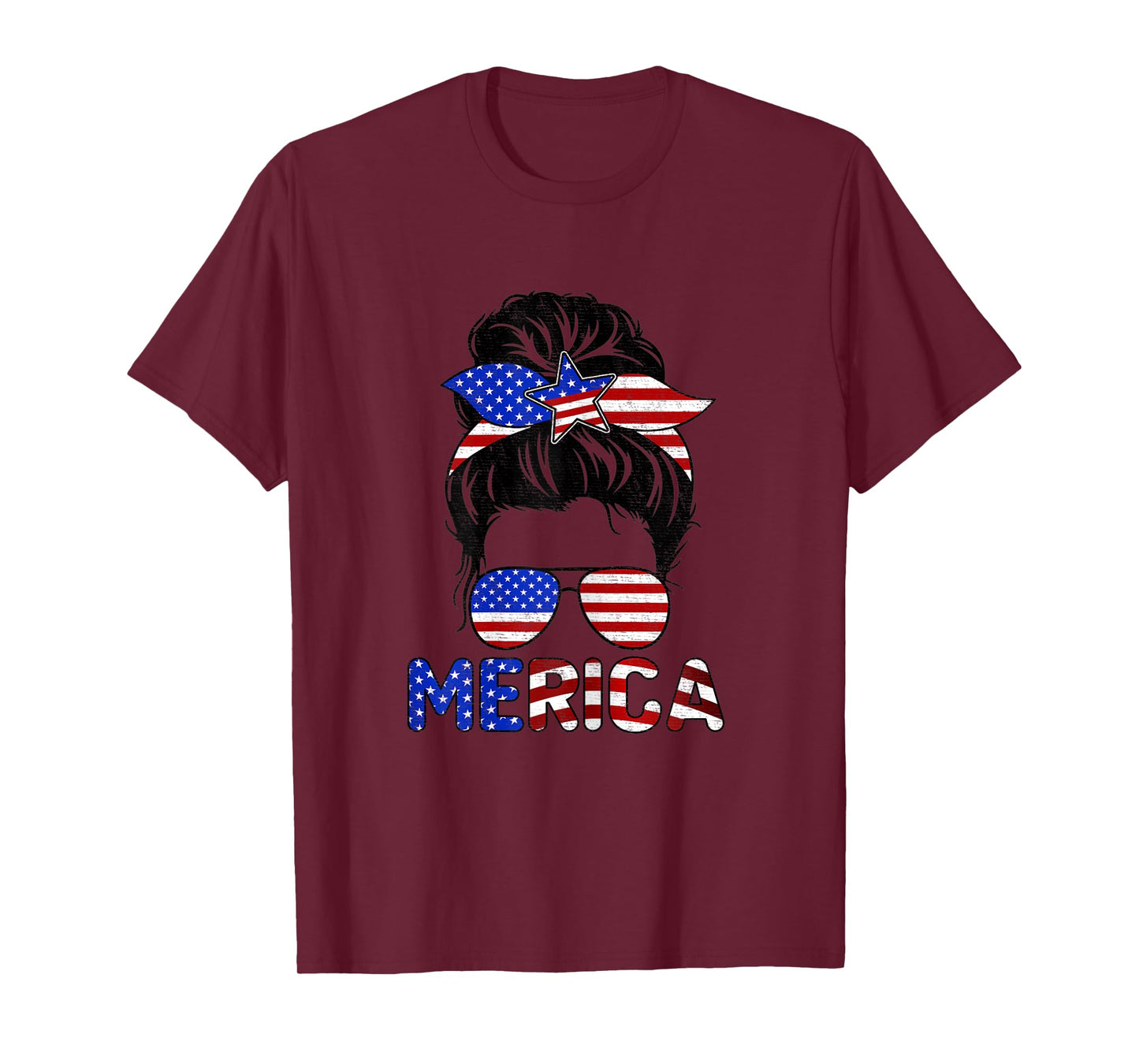 Womens Messy Bun Merica Sunglasses Women Girls USA Flag 4th of July T-Shirt