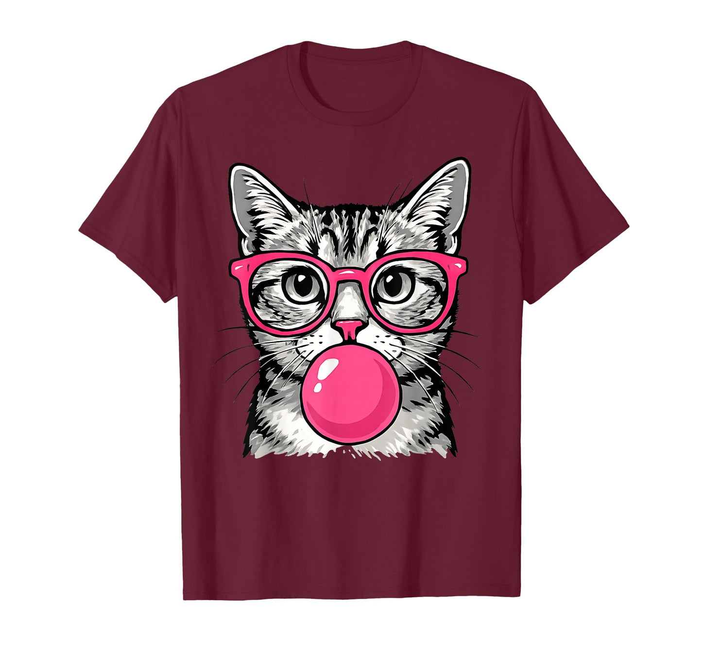 Cute Cat with Glasses Blowing Pink Bubble Gum T-Shirt