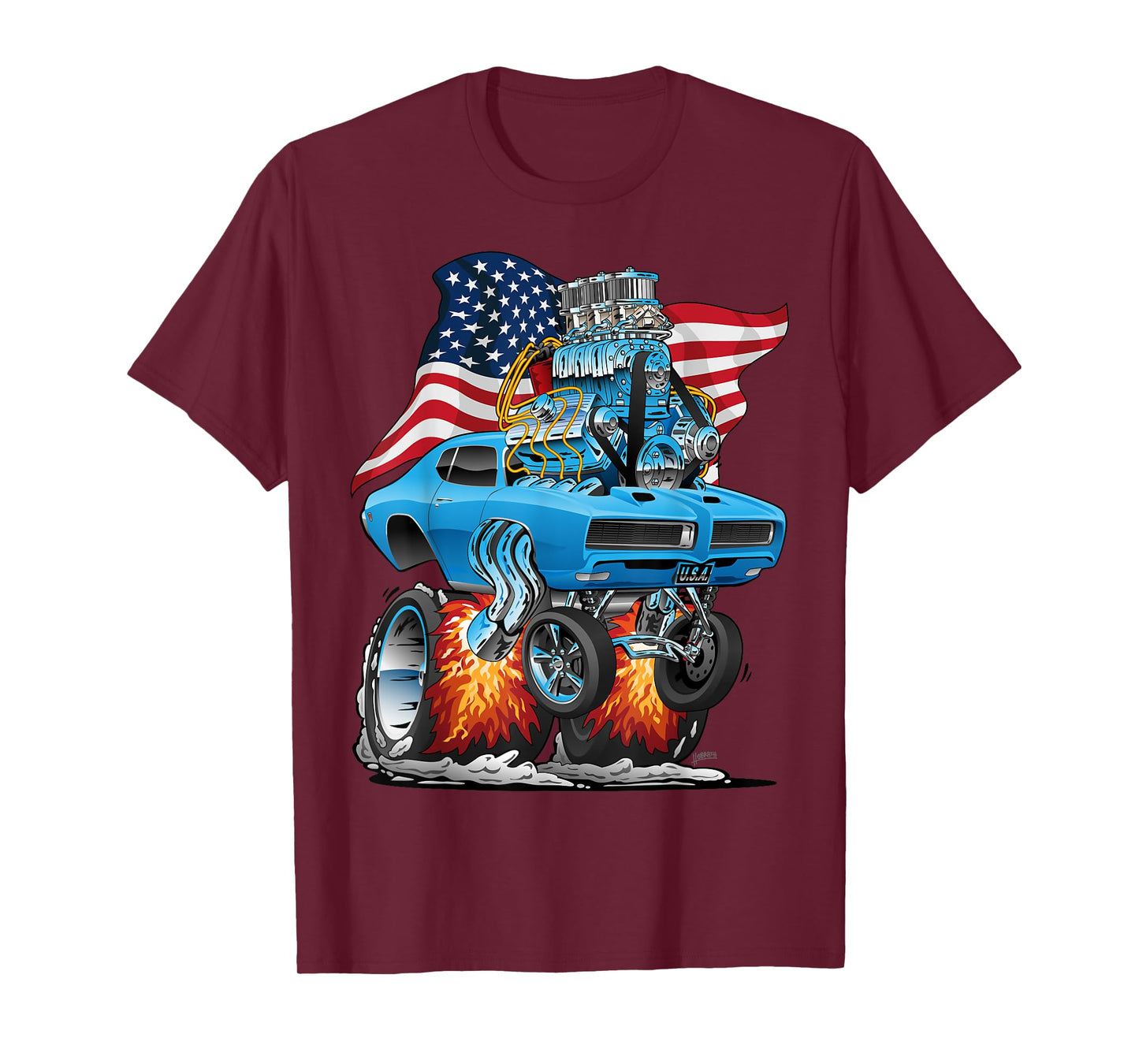 Patriotic 60s Muscle Car Funny Dragster USA Hotrod Cartoon T-Shirt