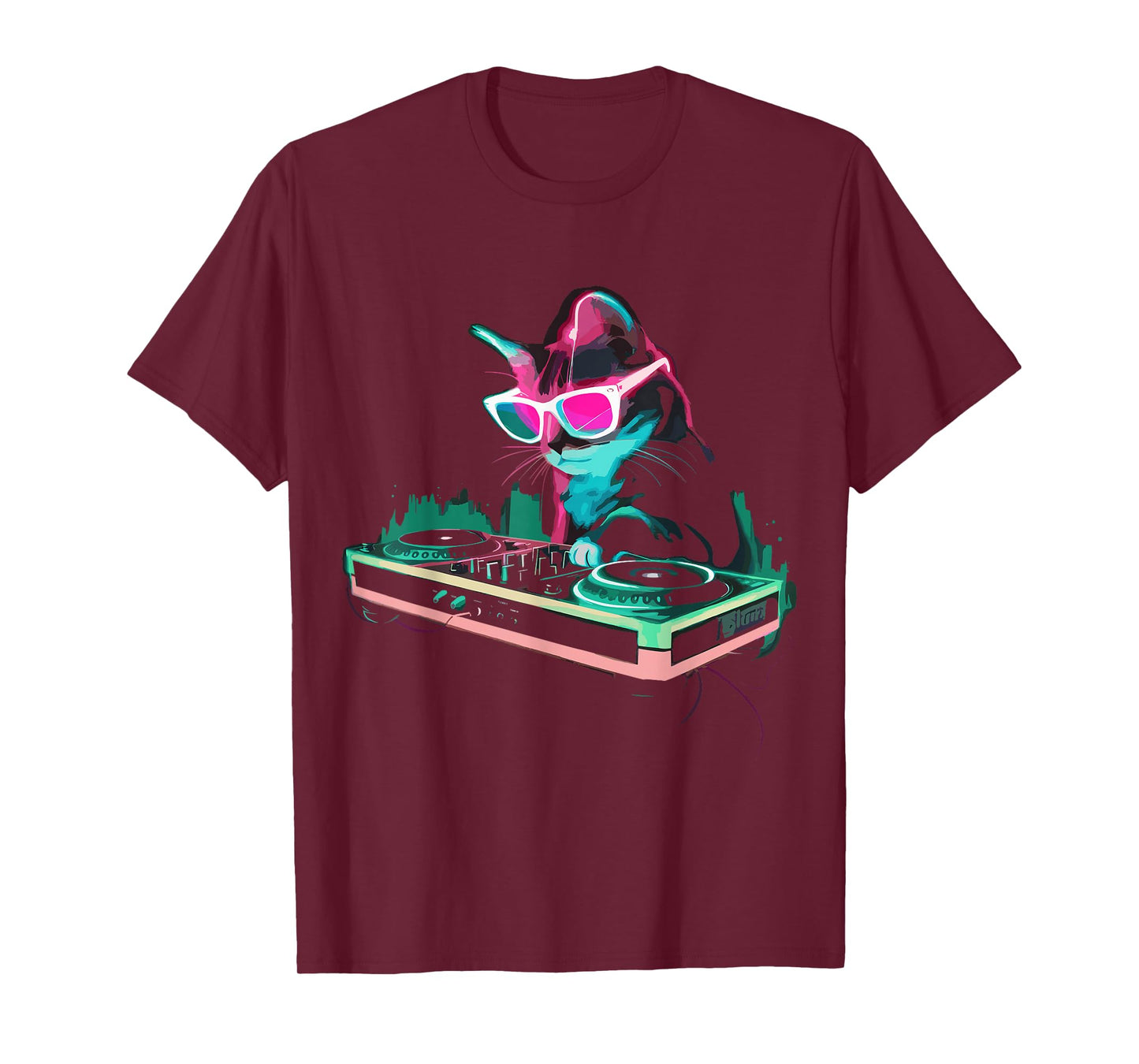 House DJ Cat Rainbow DJ Cat Kitty on Turntable Disco DJ Cat T-Shirt, Small, Black