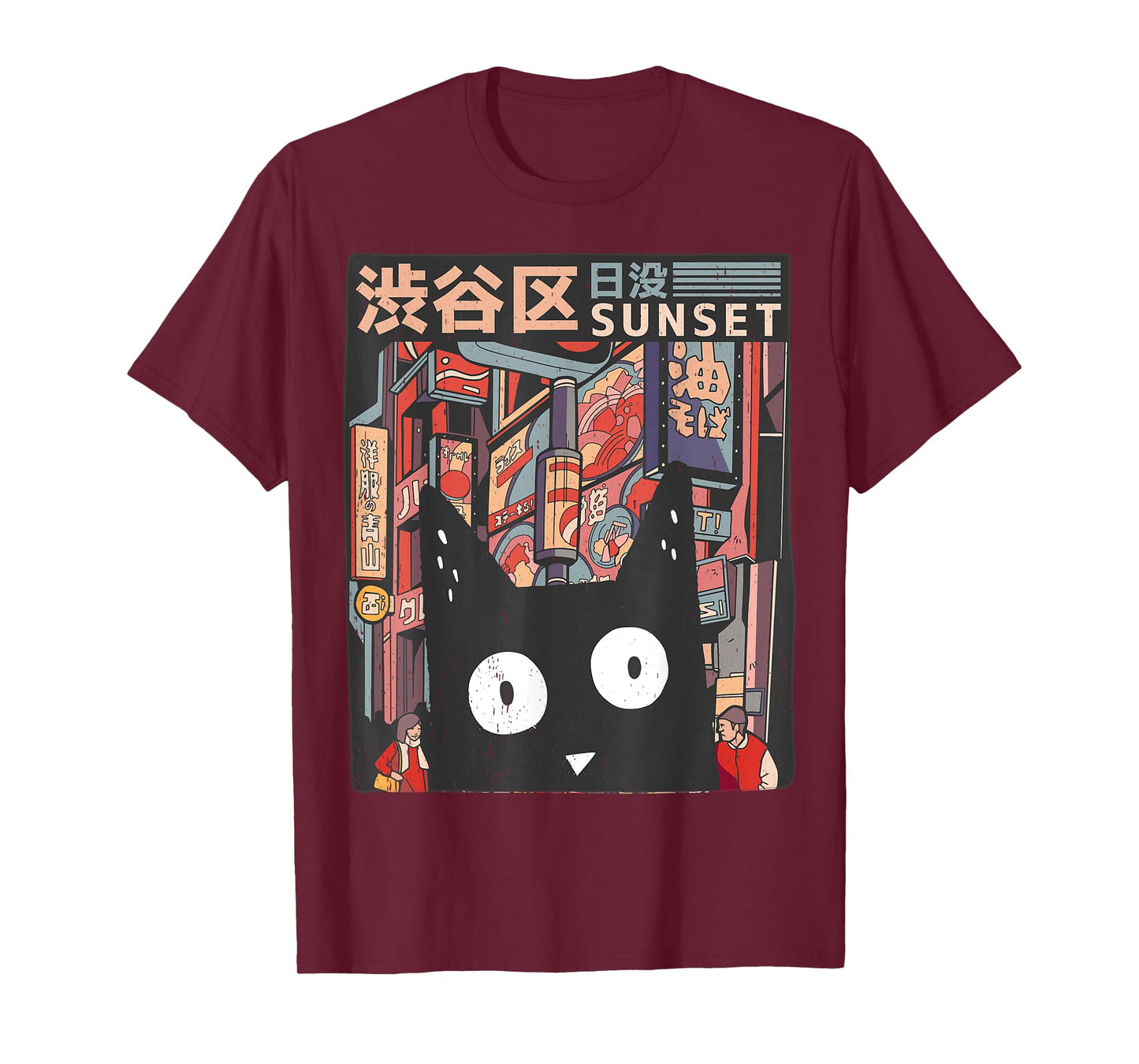 Funny Cat and Japanese City T-Shirt for Men Women Kids