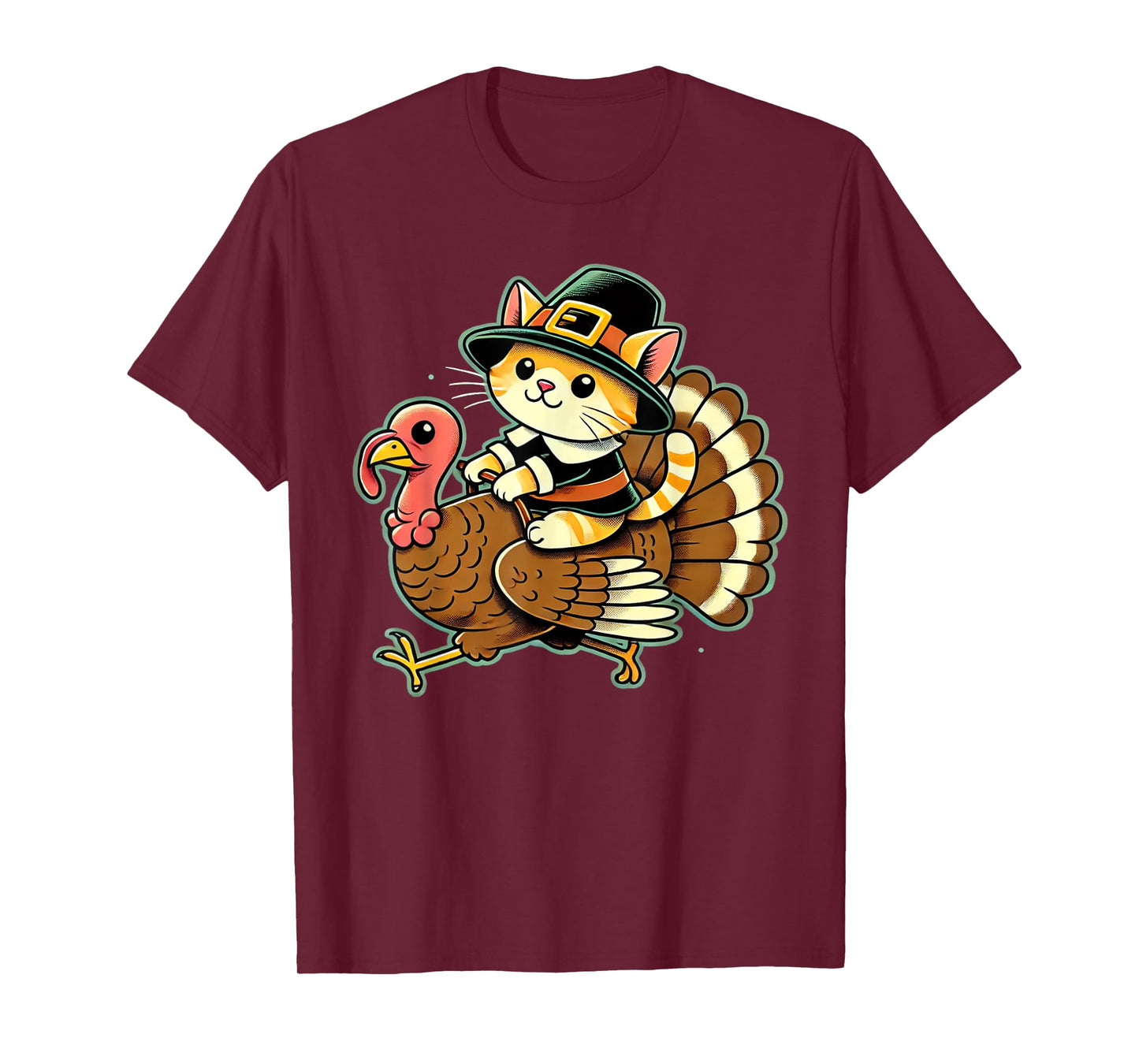 Cute Cat Pilgrim Costume And Turkey Funny Thanksgiving Retro T-Shirt for Men Women Girls Kids