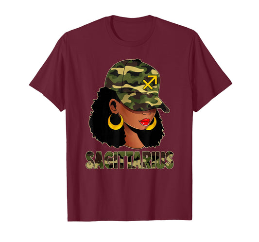 Sagittarius Queen Camouflage Black Woman Cap Zodiac Sign T-Shirt