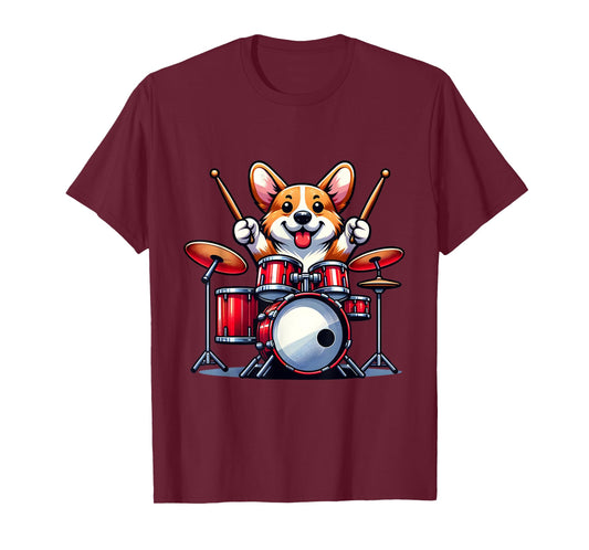Cute Corgi Dog Playing Drums Drumset Graphic Funny Drummer T-Shirt