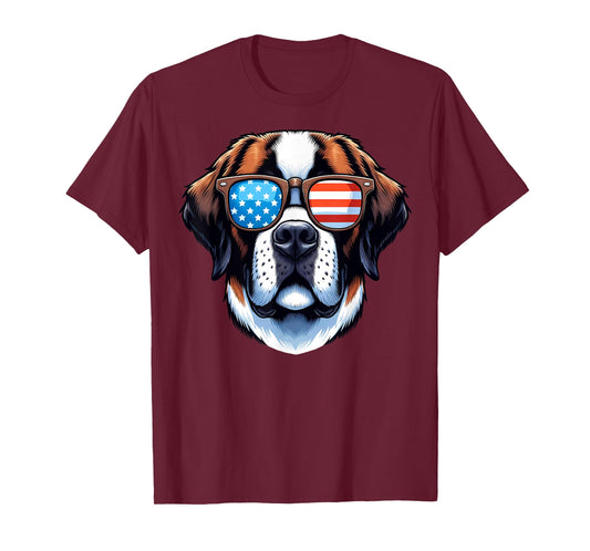 Saint Bernard Patriotic American Flag USA Sunglasses Dog T-Shirt