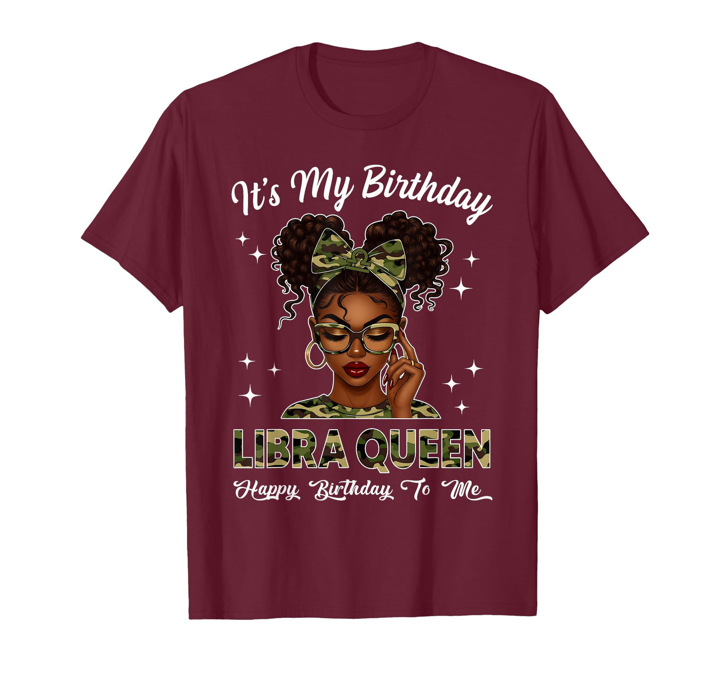 It's My Birthday Libra Queen Camo Bow Afro Black Girl T-Shirt