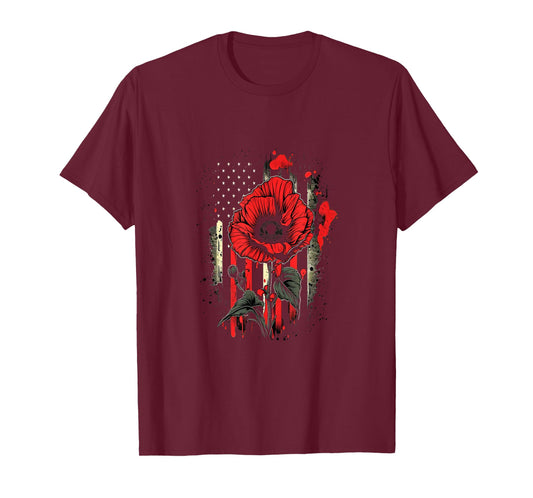 Memorial Day Red Poppy Flower American Flag USA 4th of July T-Shirt
