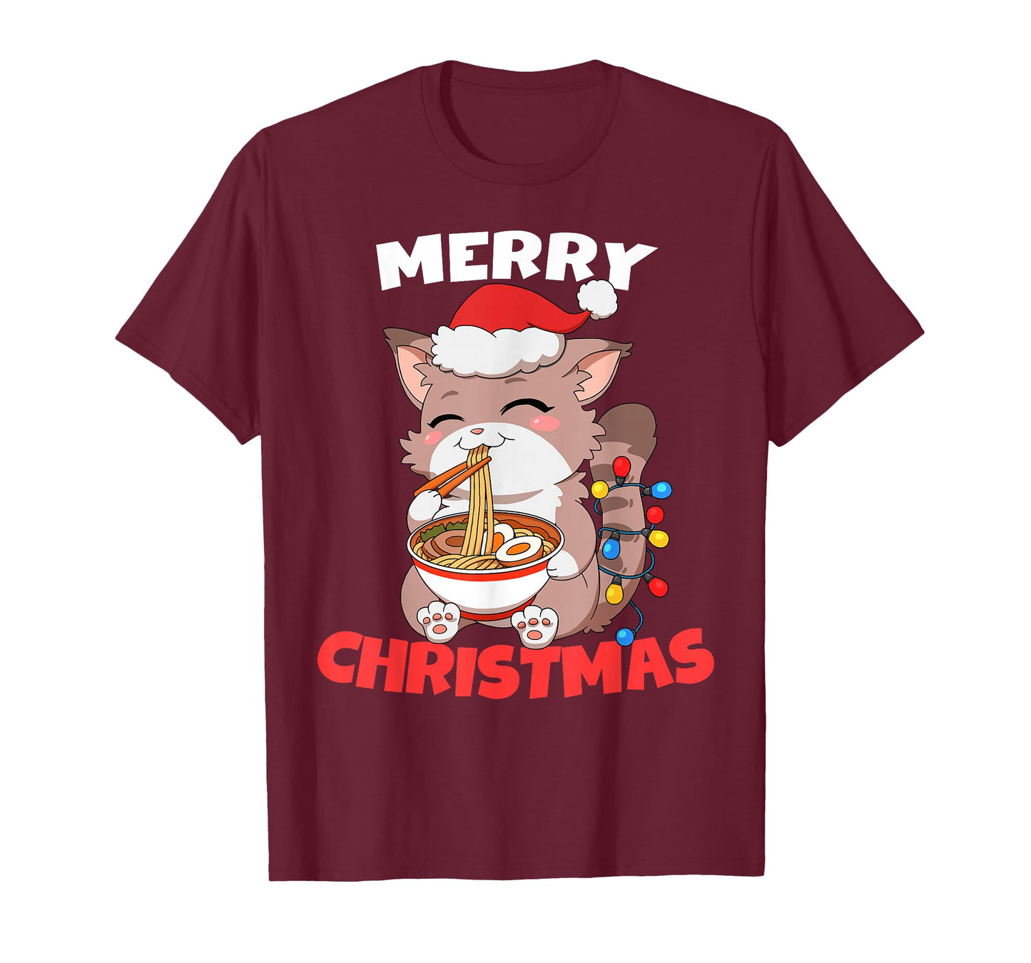 Merry Christmas Anime Kawaii Cat Ramen Xmas Lights T-Shirt