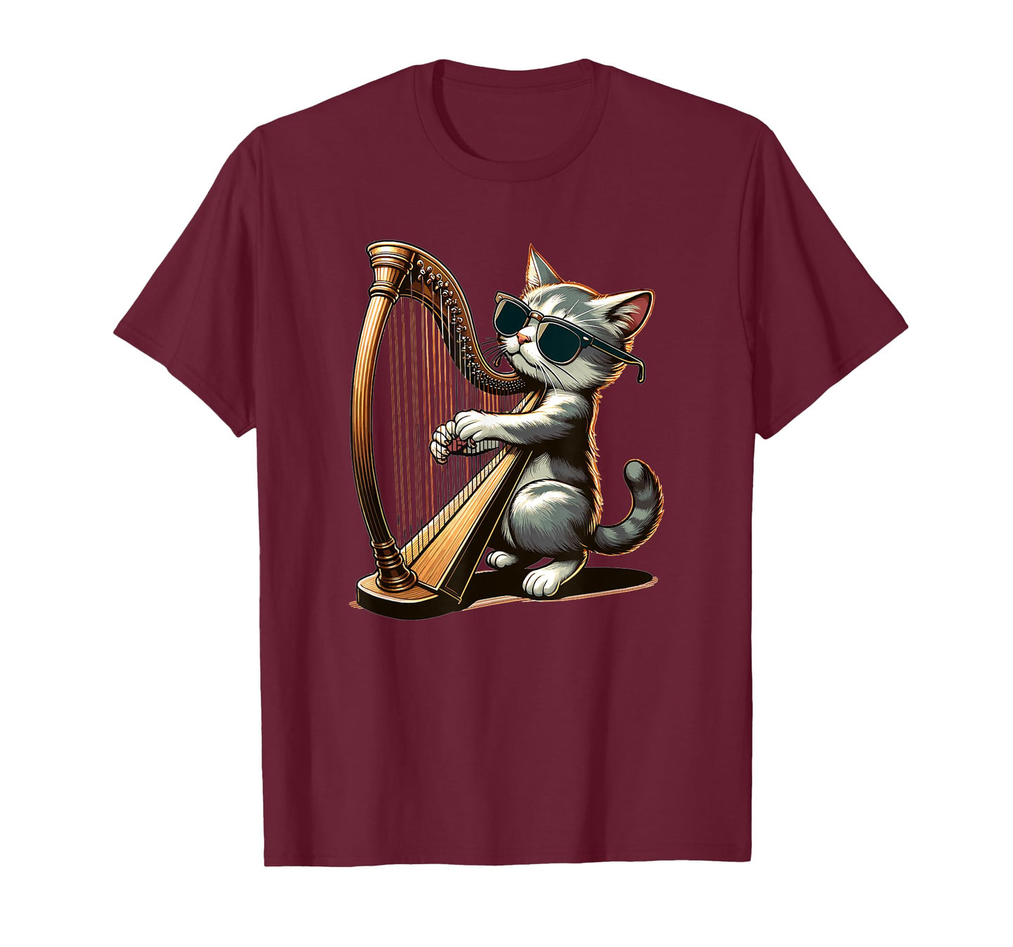 Musician Harpist Cat Wearing Sunglasses Cat Playing Harp T-Shirt for Men Women Kids