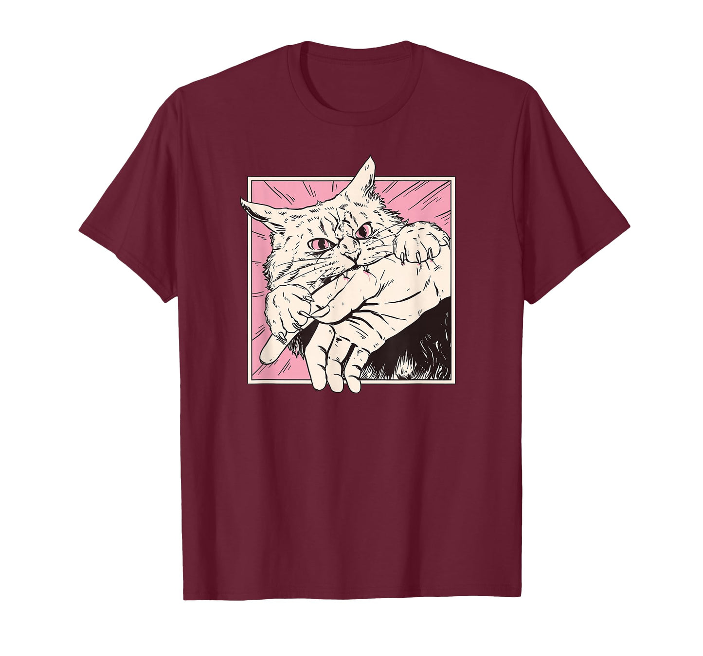 Cat Bite Retro Horror Graphic Japanese Manga Style Funny T-Shirt