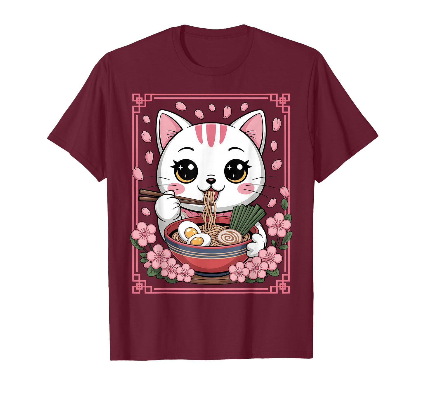 Kawaii Cat Eating Ramen Noodles Japanese Anime Girls Teens T-Shirt