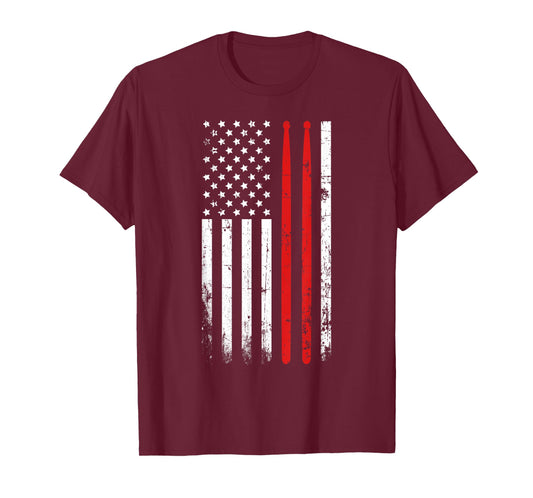 Drum Sticks on a Vintage American Flag T-Shirt for Drummers T-Shirt