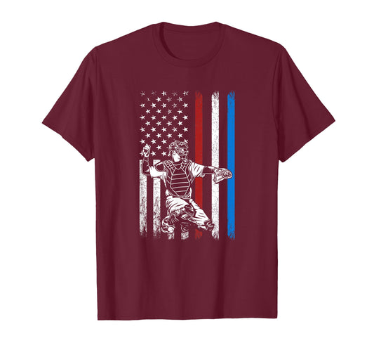 Baseball American Flag Patriotic Catcher 4th Of July Women Men T-Shirt