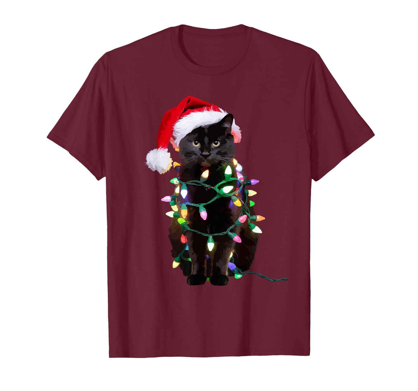 Black Cat Christmas Tree Lights Funny Santa Kitten Led Light T-Shirt