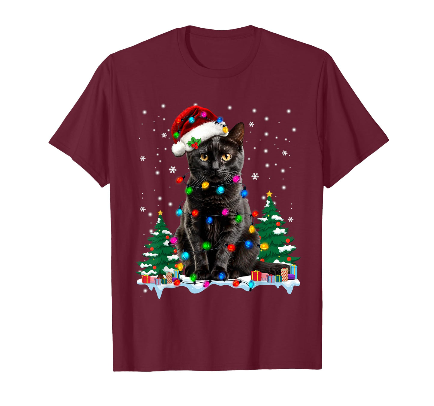 Black Cat Christmas Light Santa Hat Cat Lovers Xmas Pajamas T-Shirt