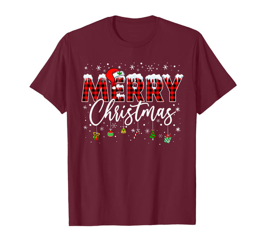 Merry Christmas Buffalo Plaid Red Santa Family Xmas Pajamas T-Shirt