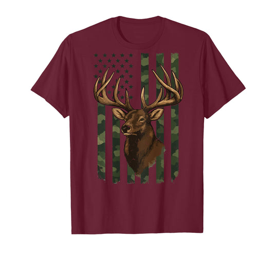 Youth Men Camo Deer Hunting American Flag Whitetail Buck Boy T-Shirt