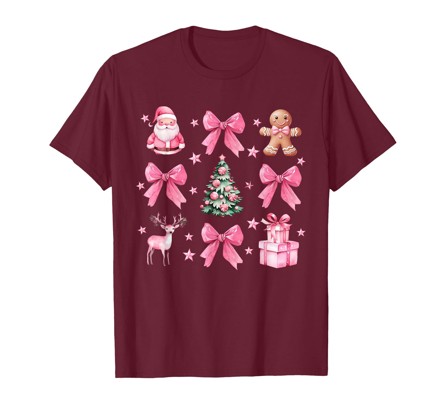 Cute Coquette Bow Pink Christmas Tree Santa Gingerbread Xmas T-Shirt