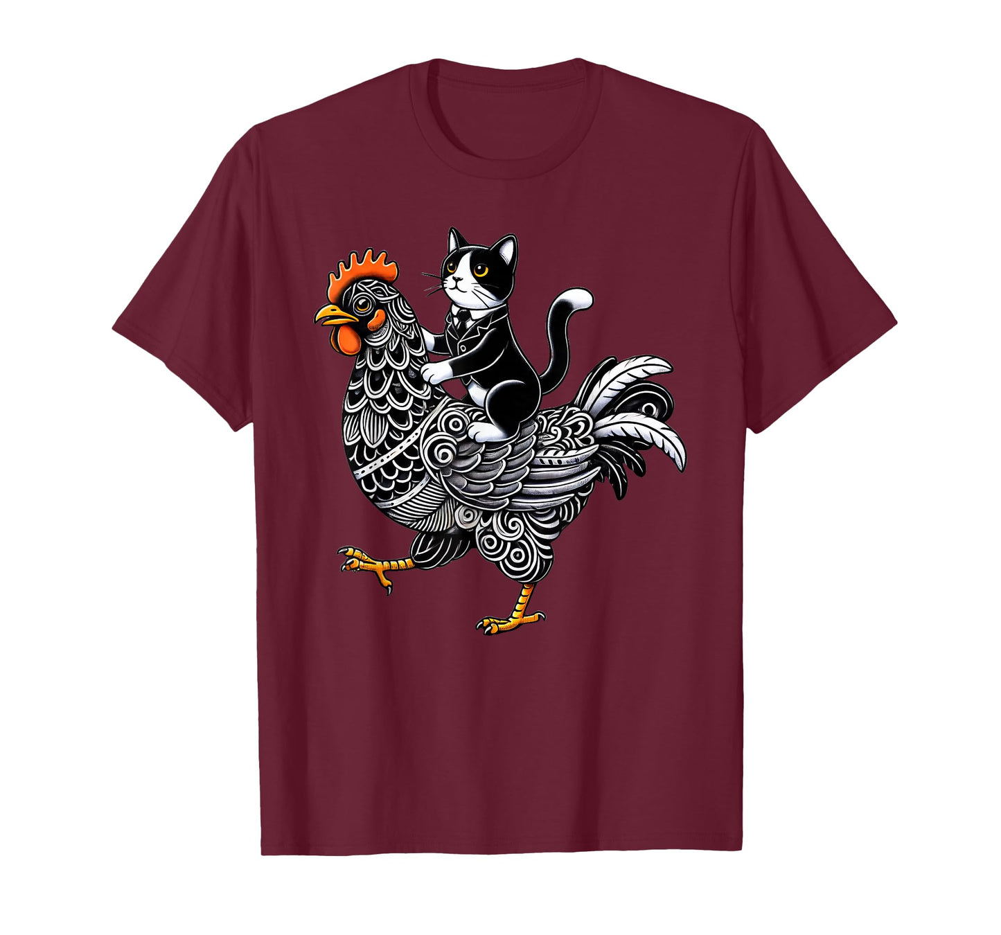 Funny Tuxedo Cat Riding Chicken T-Shirt