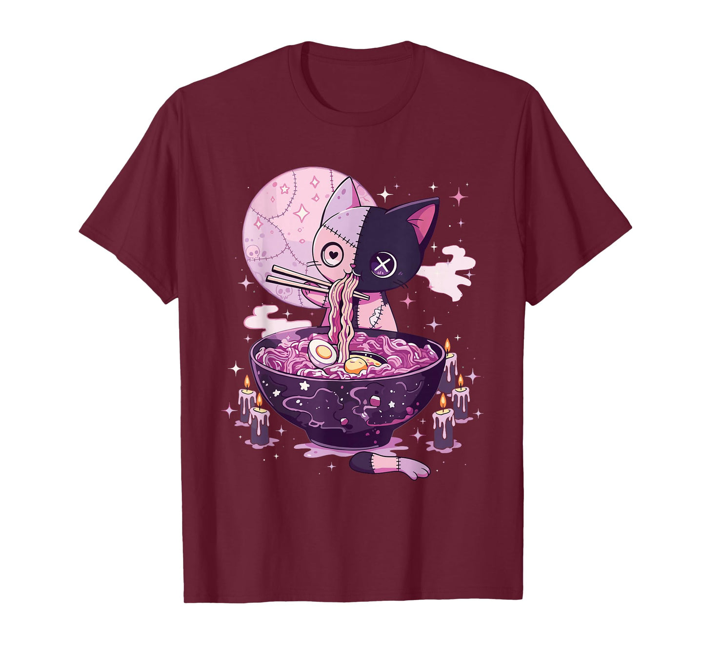 Kawaii Pastel Goth Zombie Patchwork Cat Eating Ramen Noodles T-Shirt
