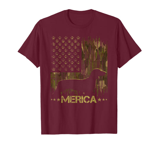 Vintage Camouflage USA Flag Merica Dachshund Dog Silhouette Men Women Kids T-Shirt