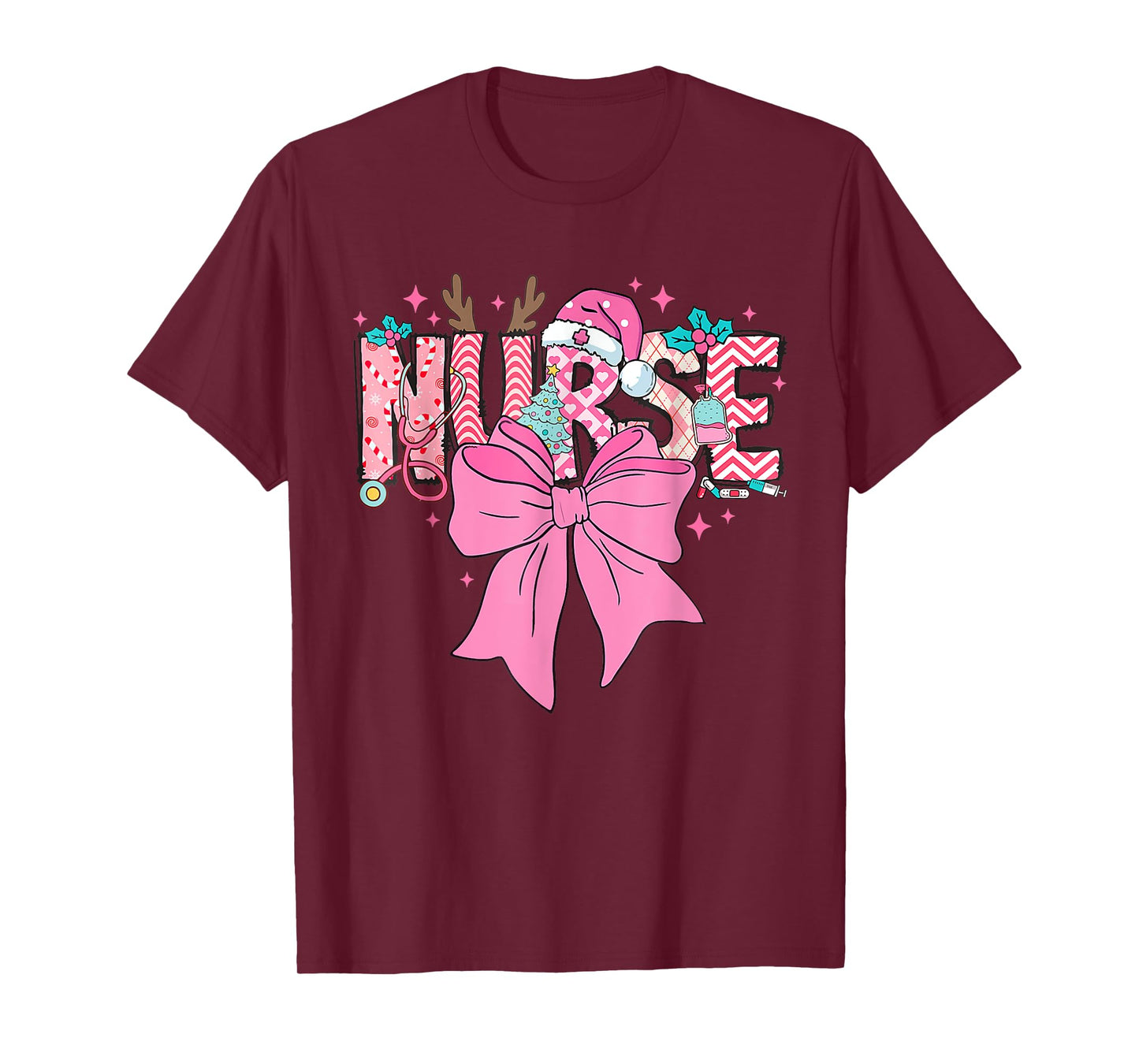 Coquette Nurse Christmas Nursing Pink Tone Bow Xmas Plaid T-Shirt