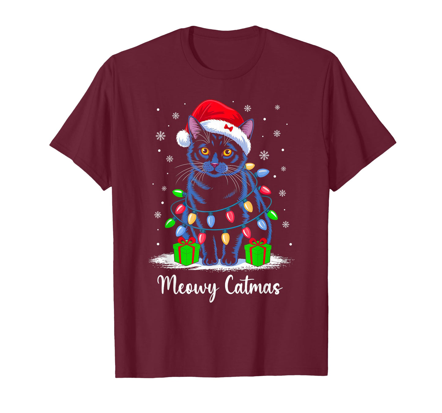 Meowy Catmas Xmas Lights Red Santa Hat Christmas Cat Lover T-Shirt
