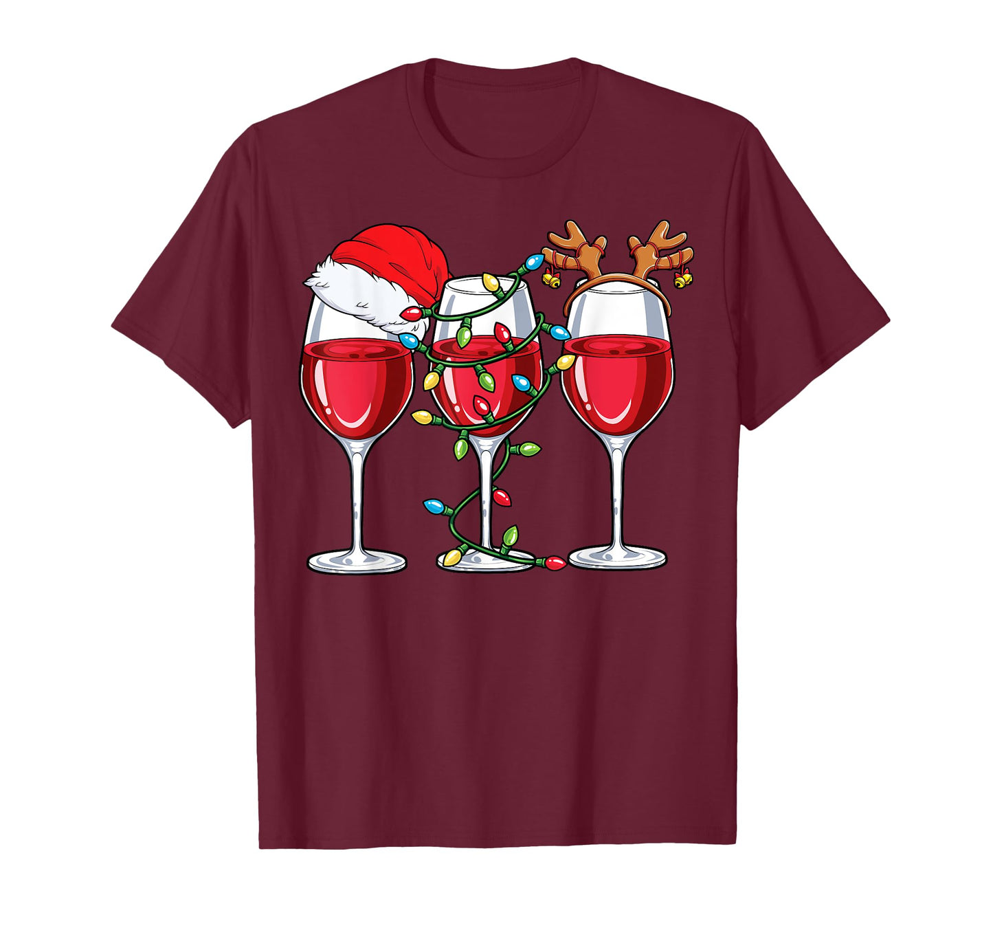 Wine Christmas Santa Hat Xmas Lights Reindeer Antlers Women T-Shirt