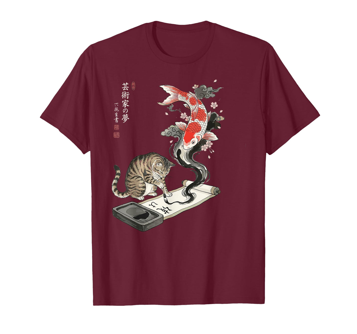 Japanese Cherry Blossom Cat Koi Calligraphy Art Funny T-Shirt