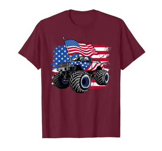 Monster Truck 4th of July Shirt Boys American Flag Men USA T-Shirt
