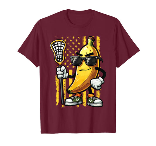 Banana Playing Lacrosse Sunglasses American Flag Funny T-Shirt