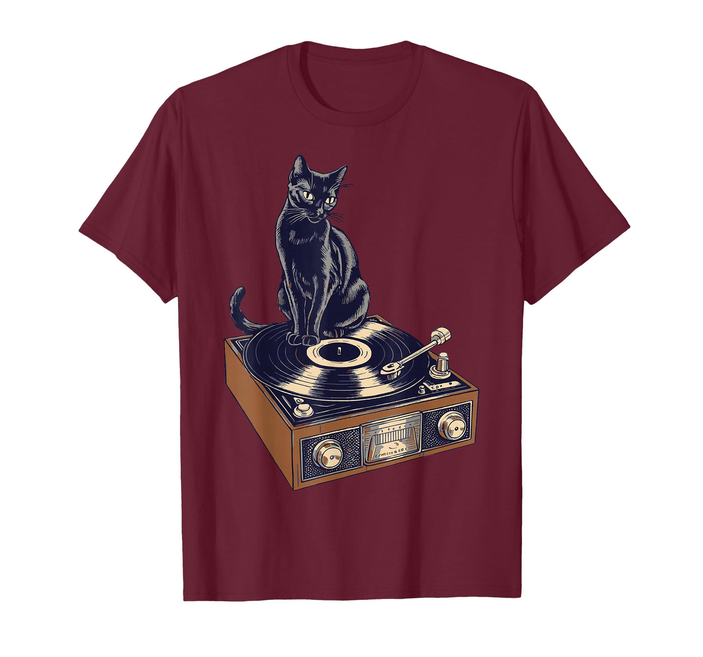 Black Cat Sitting On Vinyl Record Player DJ Vinyl Lovers T-Shirt