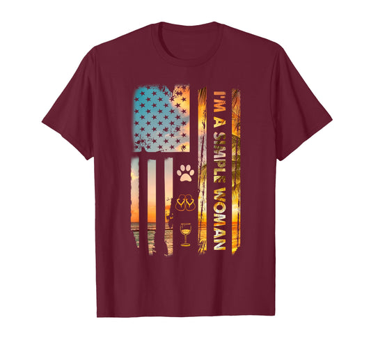 I'm A Simple Woman Camping Wine Flip Flops Love Dog USA Flag T-Shirt