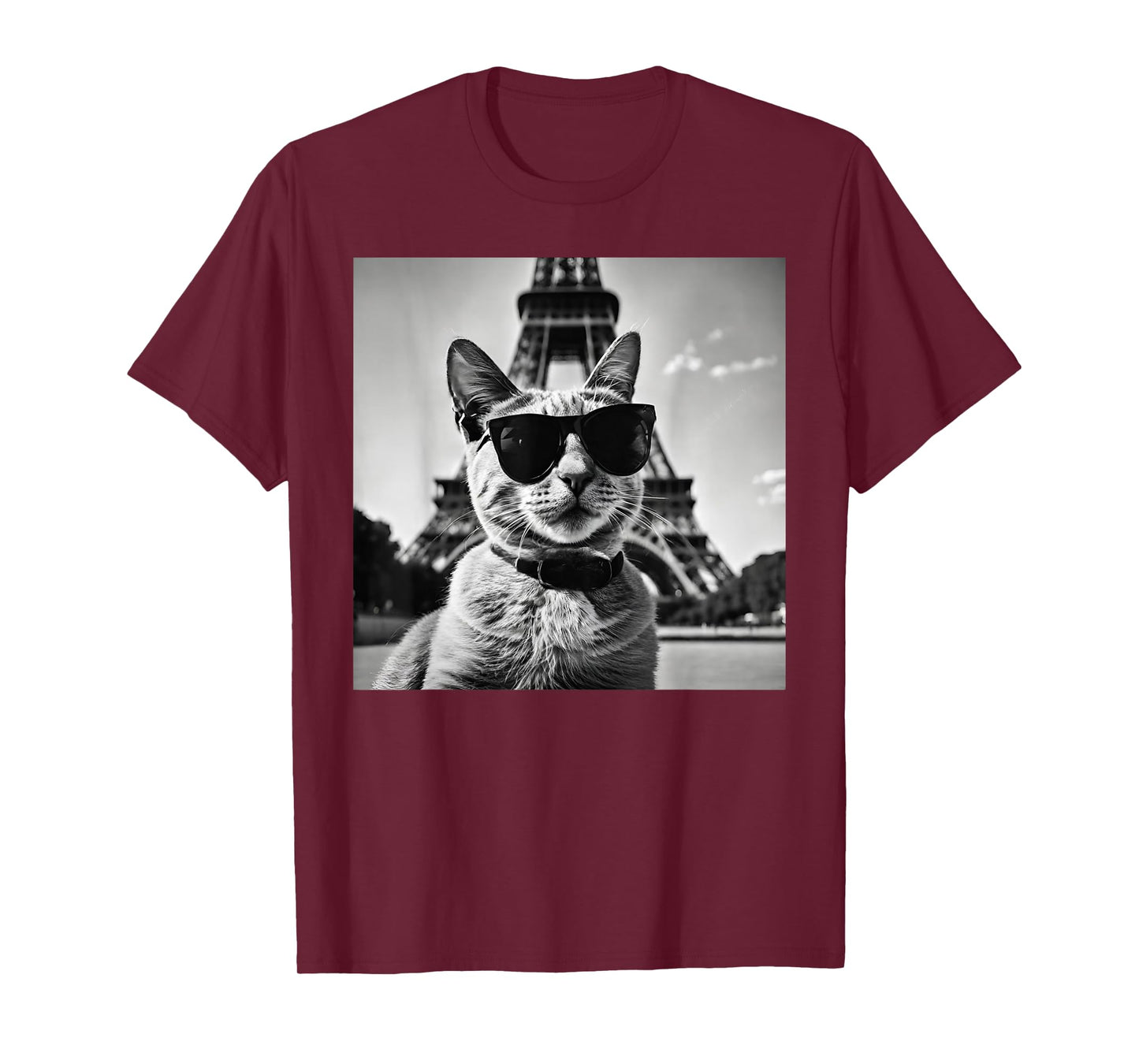Funny French Cat Wearing Sunglasses and Paris Eiffel Tower T-Shirt