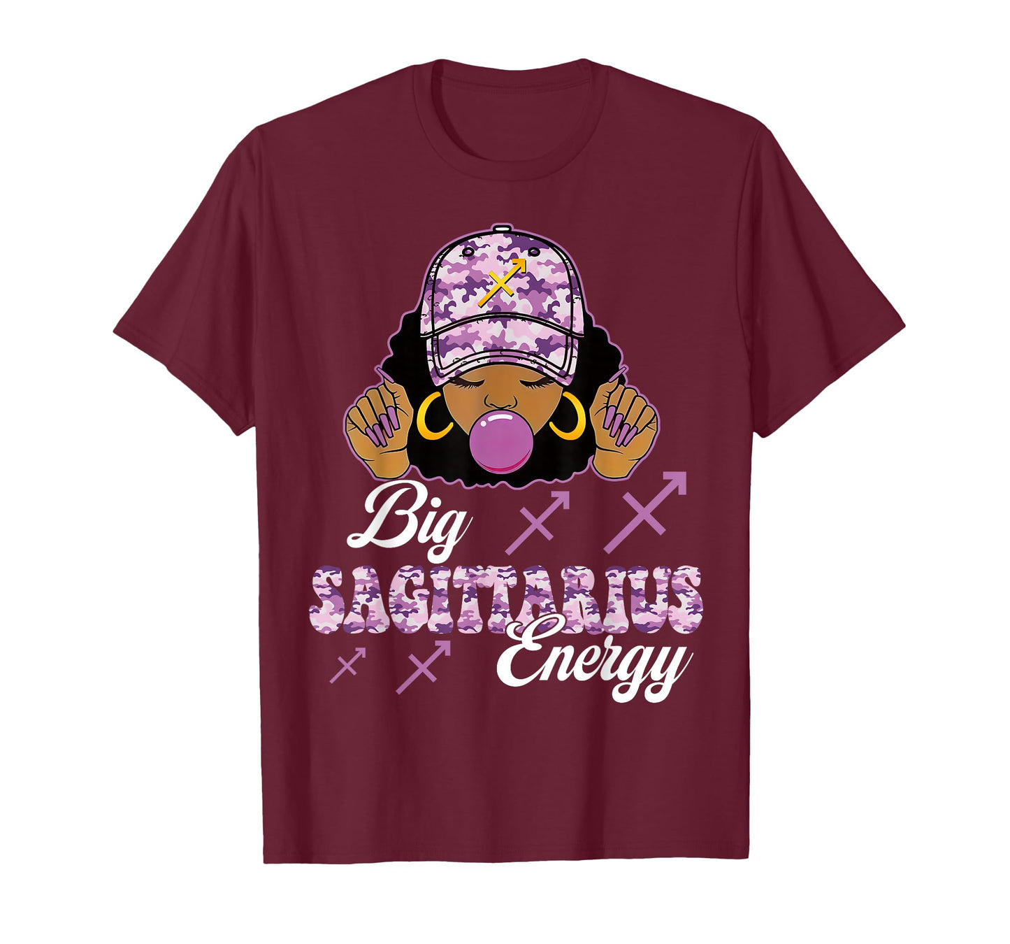 Big Sagittarius Energy Afro Girl with Purple Camouflaged Cap T-Shirt